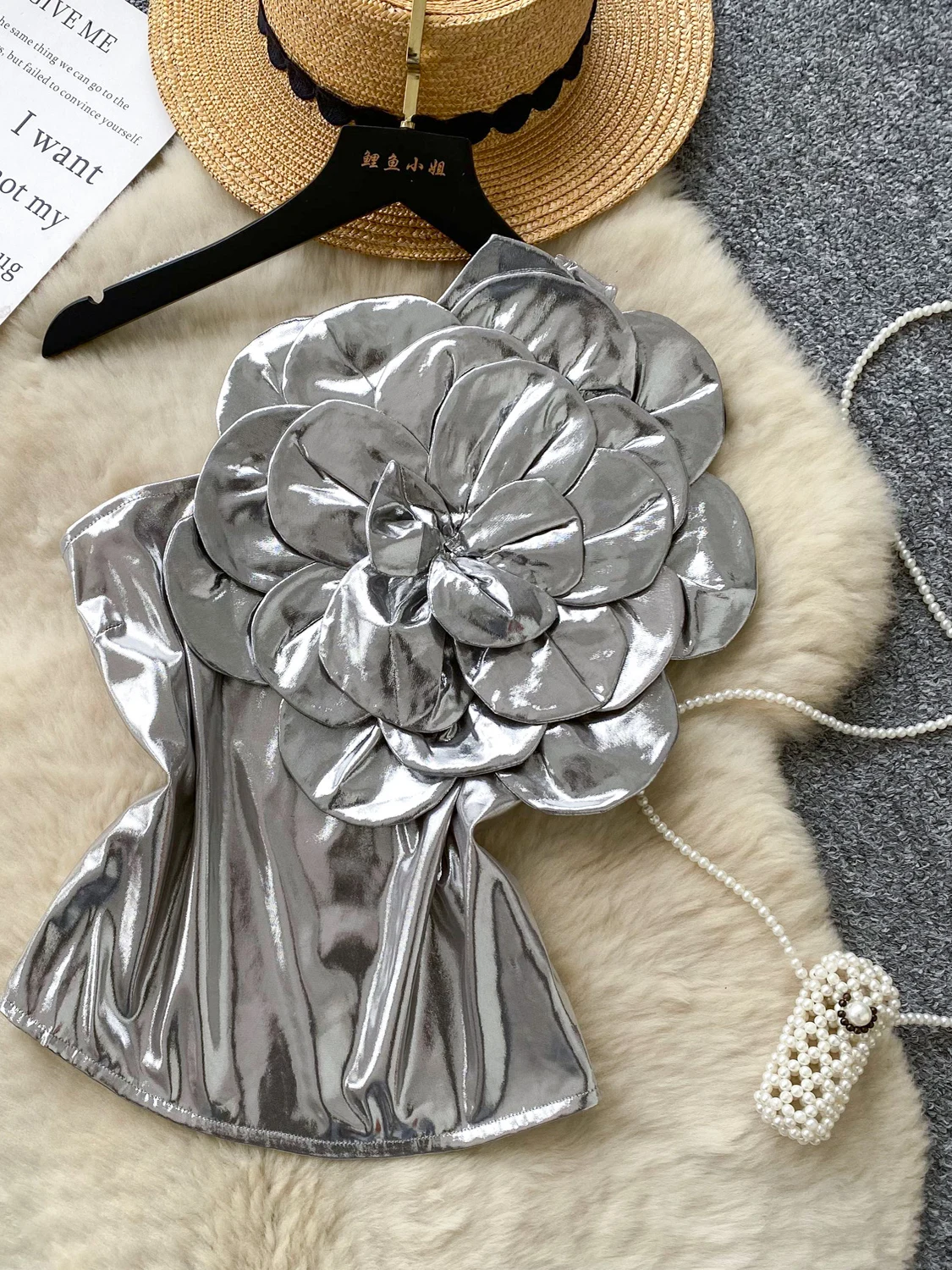 

Women's Silver Y2k 2000s Crop Top Vintage 3D Floral Camisole Off Shoulder Corset Tops Sleeveless Punk Tank Top Summer Clothes