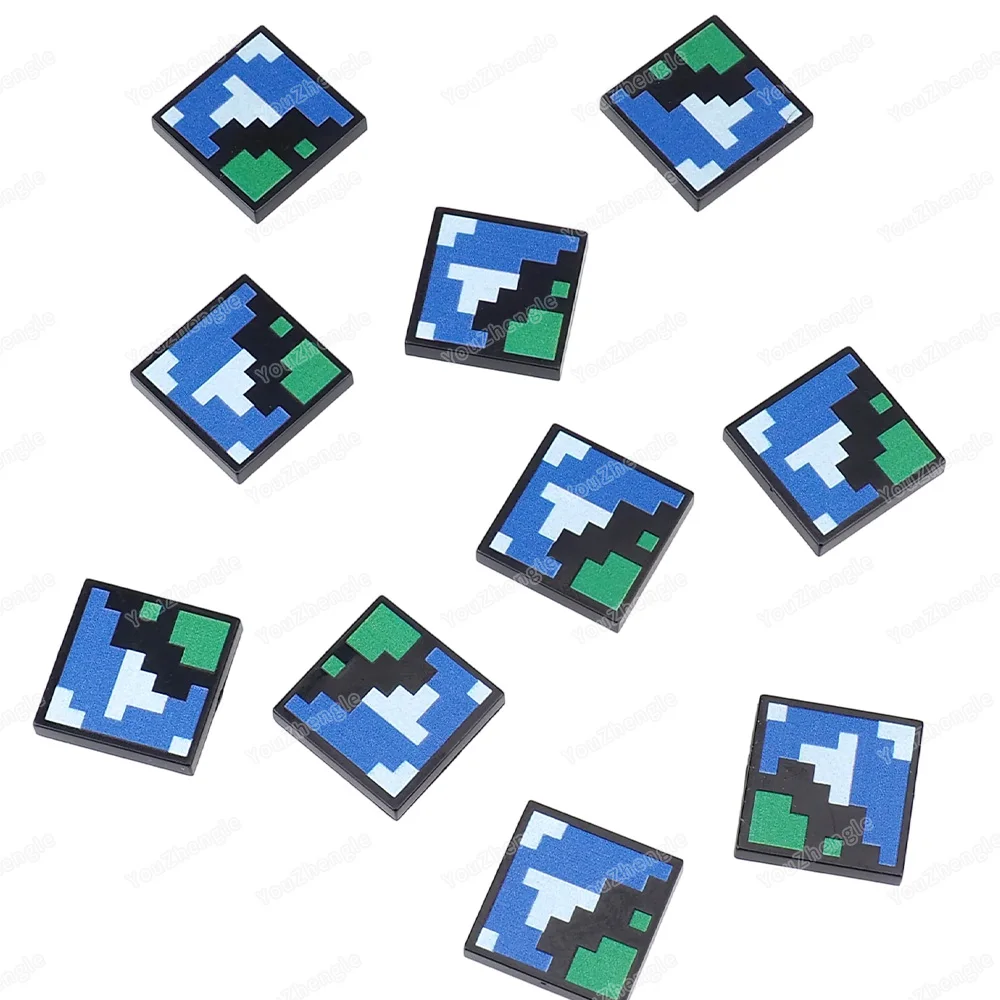 픽셀화된 청록색-흰색 인쇄 패턴 빌딩 블록 2x2 타일 3068 부품 MOC 피규어 블록 세계 지도 장면 모델 선물 장난감