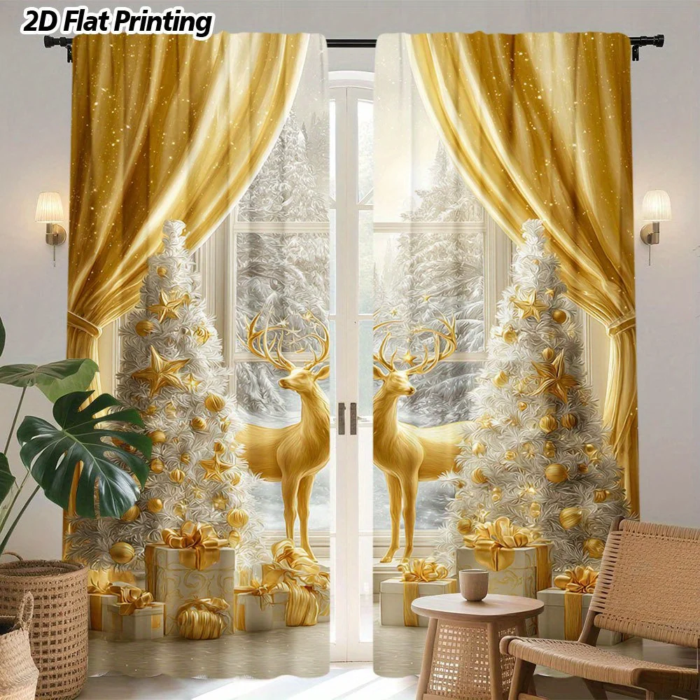 2 Pcs 2D Gold Reindeer Christmas Scene Curtains – Rod Pocket Design for Living Room Kitchen Office Bedroom Holiday Home