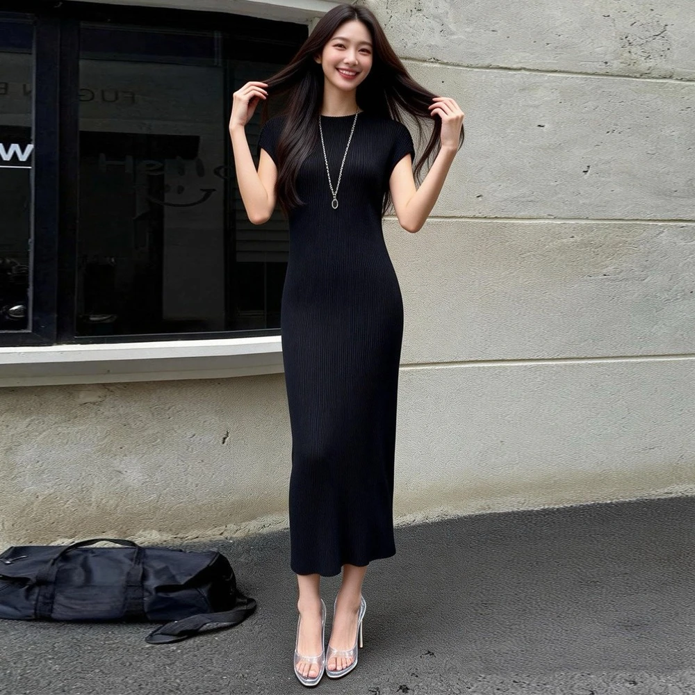 Fold Miyake pleated short sleeve maxi dress stretchy wrinkle resistant women casual daily party commute long dress AliExpress