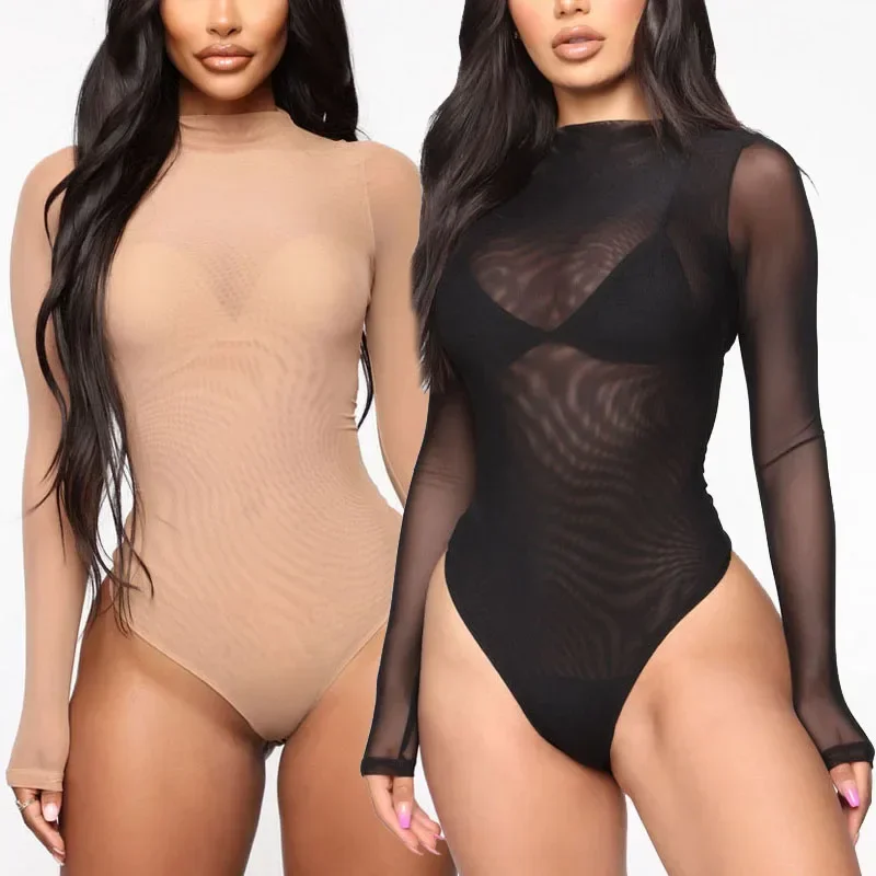 Bodysuit elástico transparente sexy para mulheres, lingerie underwear, corte alto, bodycon magro, manga longa, macacões transparentes para senhoras