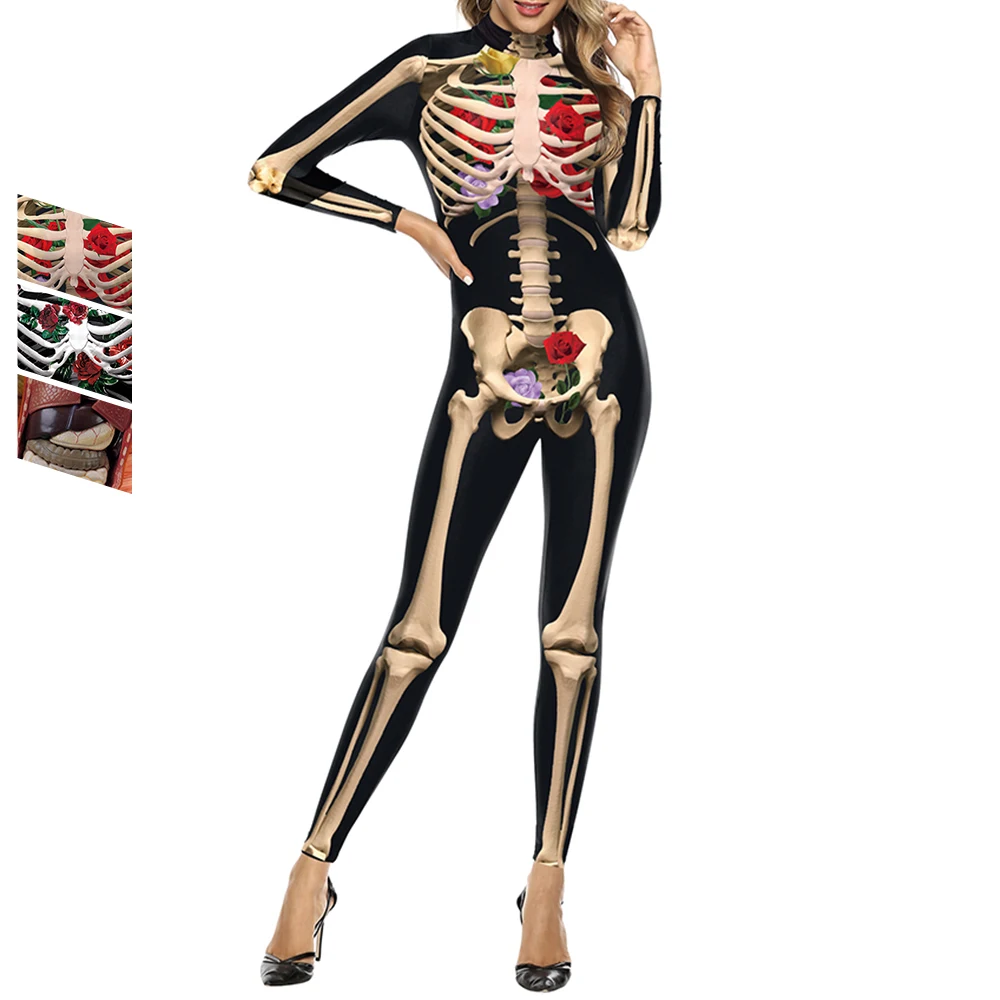 

Zawaland Halloween Women Jumpsuit Long Sleeve Skeleton Print Holiday Party Funny Bodysuit Stage Performance Cosplay Costumes