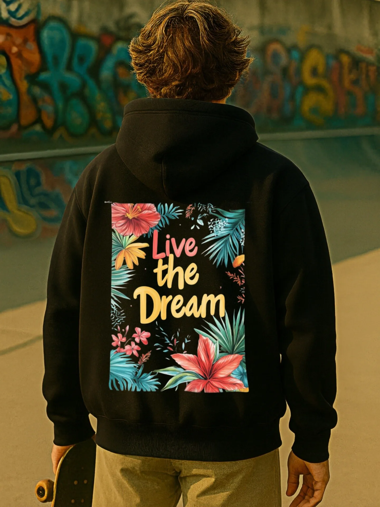 هوديي جرافيك للرجال، طباعة Live the Dream، طراز كاجوال، مبطن بالصوف، للارتداء اليومي، للشباب