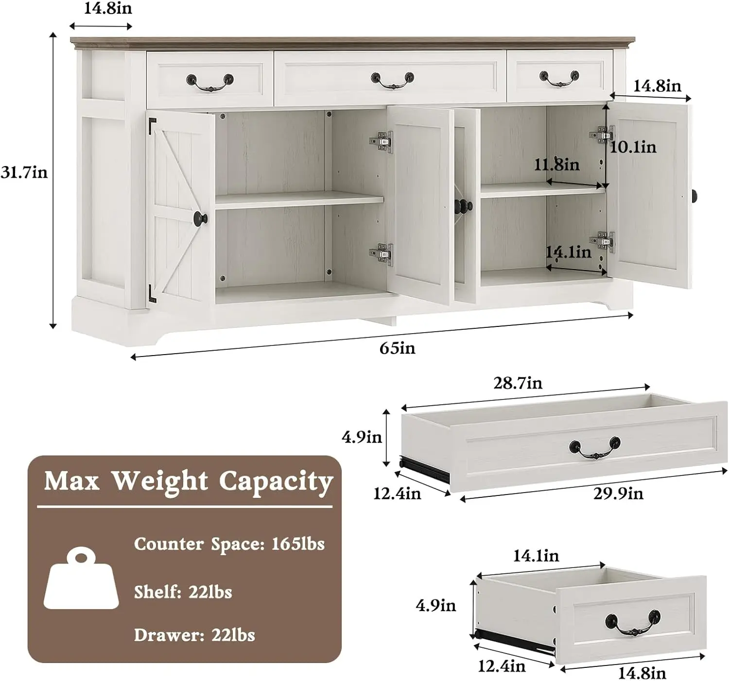 65' 화이트 팜하우스 뷔페 캐비닛(서랍 3개, 문 4개 포함) - 주방 및 거실 수납장