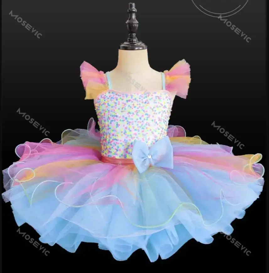 Robe Tutu de Ballet à Paillettes pour Enfants, Vêtements de Performance Modernes, Robe de Princesse, Document Arc-en-ciel