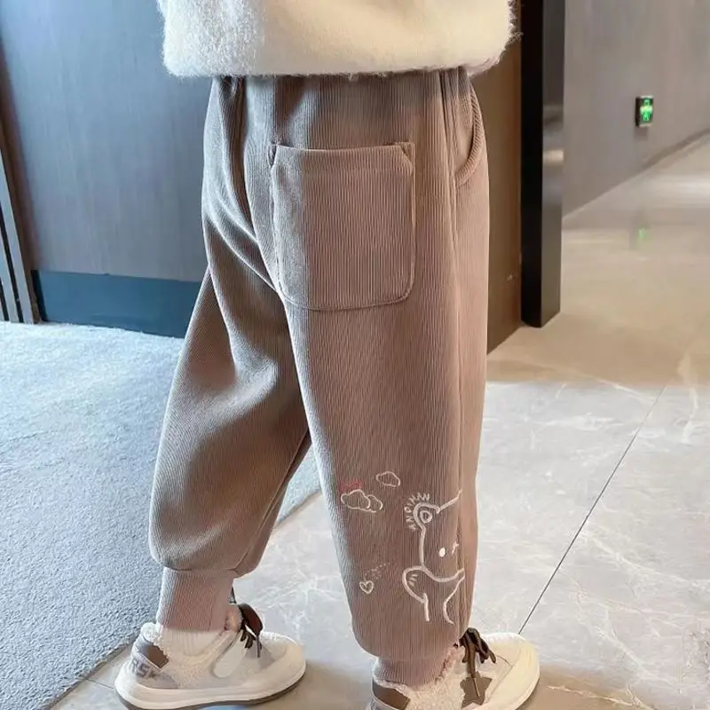 Girs  Autumn Winter Trousers New Plus Velvet Printed Cartoon Pants Korean Casual Child Kids Composite Integrated Pile Sweatpants