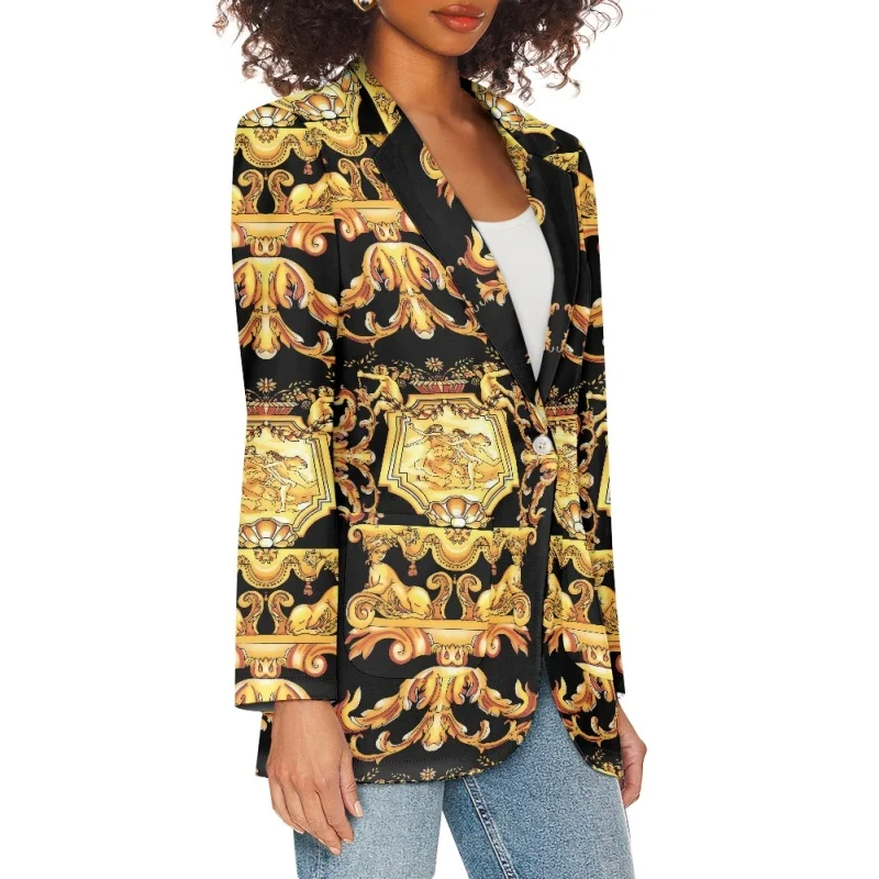 Noisydesigns Luxury Golden Floral Pattern Women Blazer 2024 New Elegant Autumn Jackets Coats Tops Long Sleeve Female Clothing