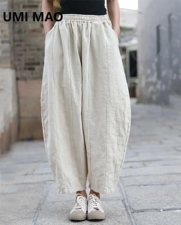 UMI MAO Cotton Linen Pants Women's Clothing Artistic Retro Sand Washed Ramie Loose Fitting Femme Patchwork Casual Trousers