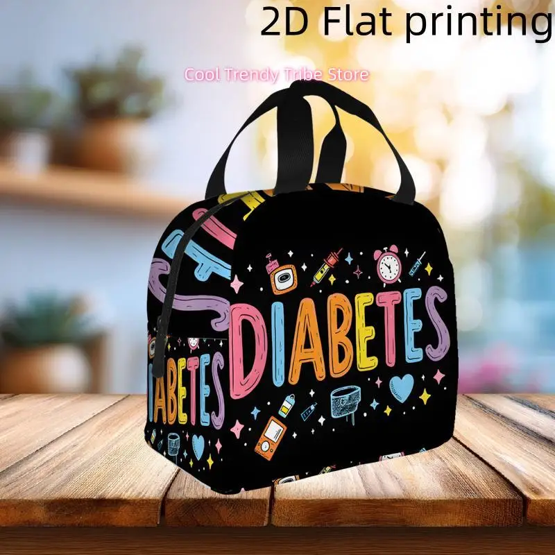 1pc, Vibrant "DIABETES" Text with Colorful Medical Icons on a Black Background Printed Insulated Cooler Bag - Reusable Portable view 6