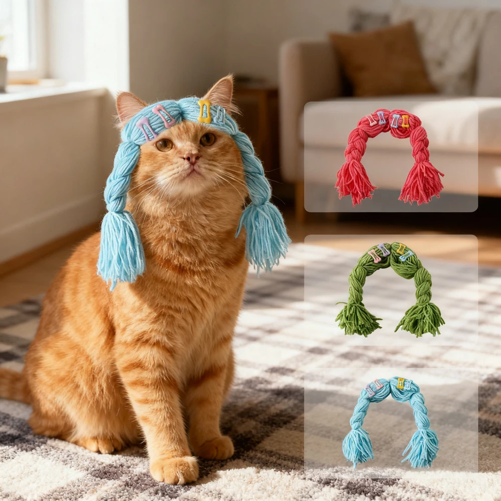 1PC Ear-revealing Cat Knitted Hat Wig with Random Color Hair Clips Cute Warm Pet Decoration Wig Headwear for Pet Cats Small Dogs