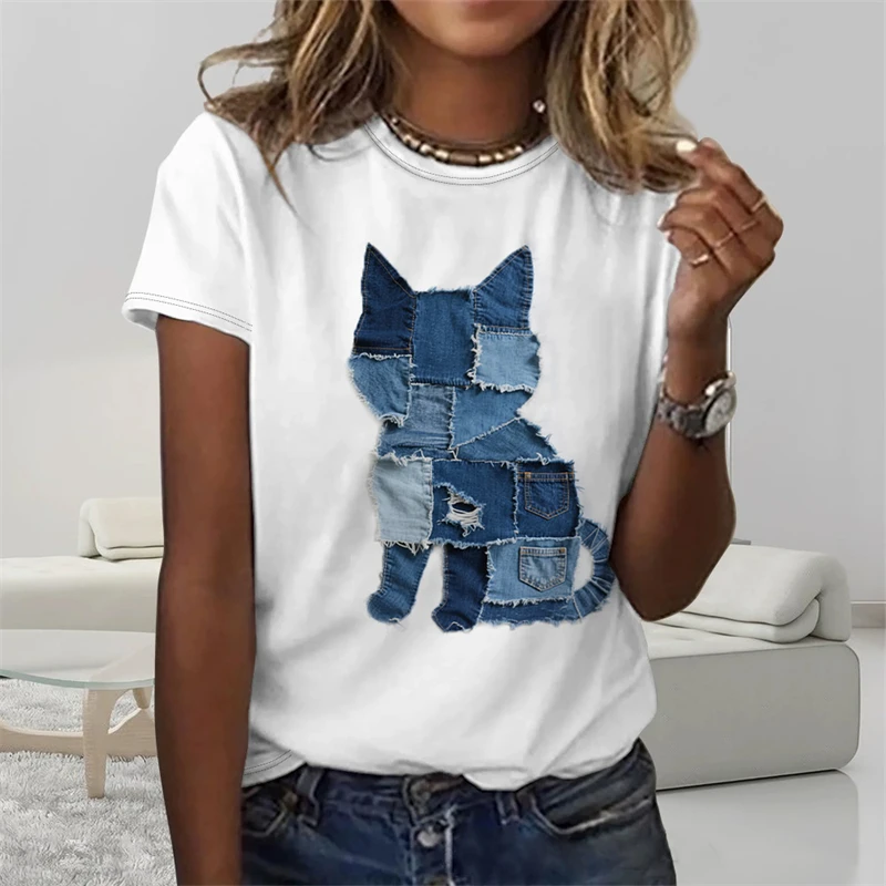 Funny Denim Patchwork Animal Pattern T Shirts Summer Fashion Short Sleeve 3D Printed Men Women T-shirts Loose Breathable Tees