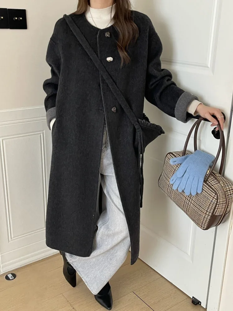 ZMEENNA Women's Long Wool Coat Winter Round Neck Jacket Pink Chic Outerwear Warm Oversized Overcoat With Pockets ZM3742