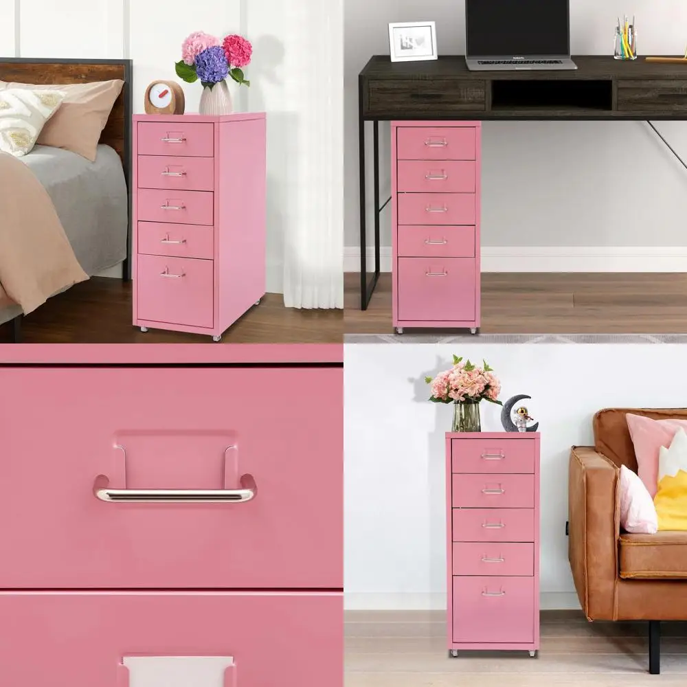 

Compact Rolling Metal File Cabinet for Vertical Storage, Pink, Suitable for Legal/Letter/A4 Files, Ideal for Small Spaces