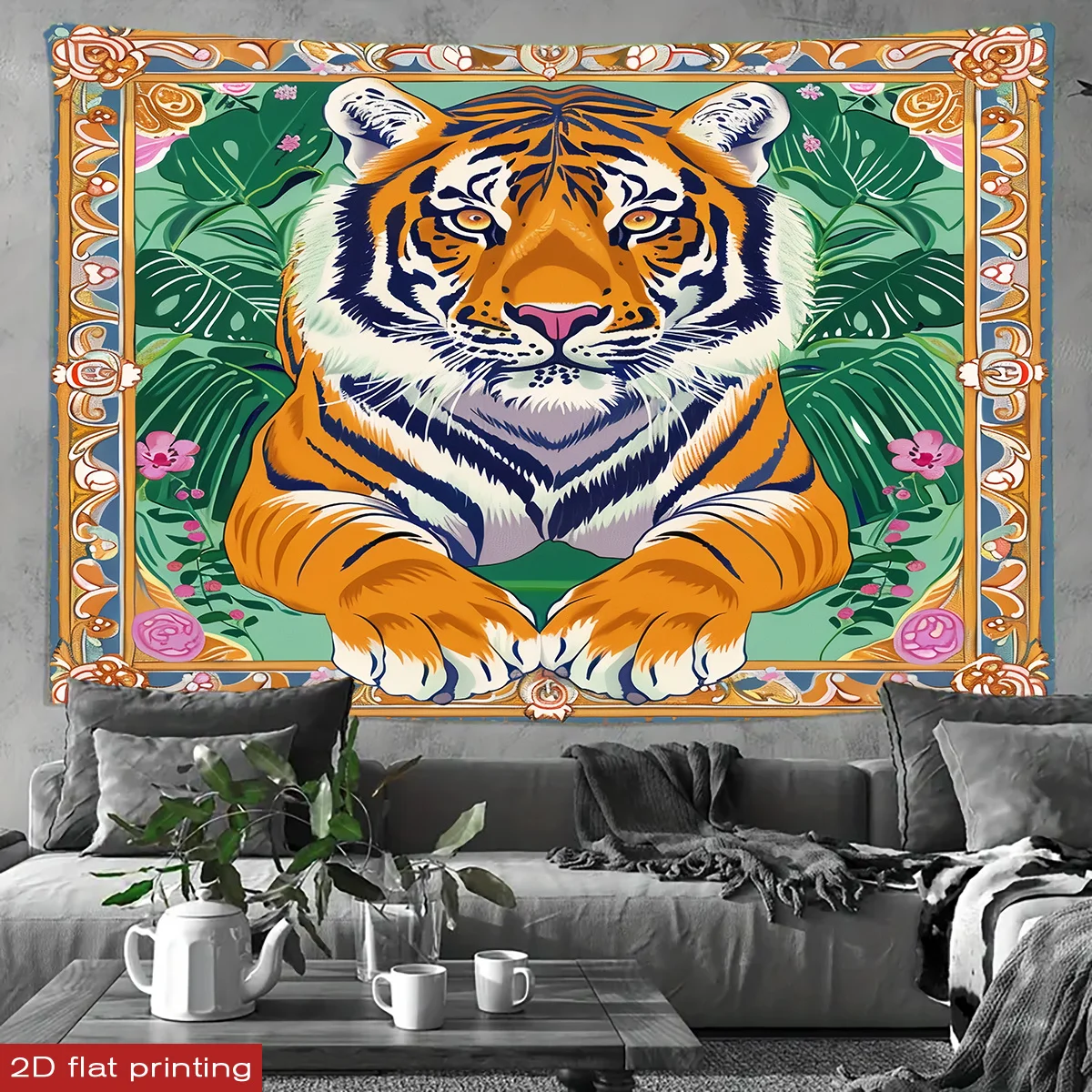 Vibrant Boho Tiger Tapestry, Floral Jungle Print Wall Art, Eclectic Living Room & Bedroom Decor suitable offices bars party