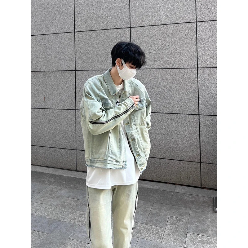 

Винтажная мужская джинсовая куртка Waed в стиле американского стритстайла, с молнией, в рабочем стиле, Cleanfit, молодежная мода, весна-осень