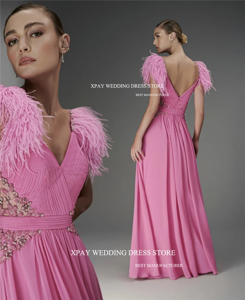 XPAY-Vestidos femininos simples rosa com decote em v, penas de chiffon, Split, Dubai, Arábia, vestidos de noite, vestidos formais de baile