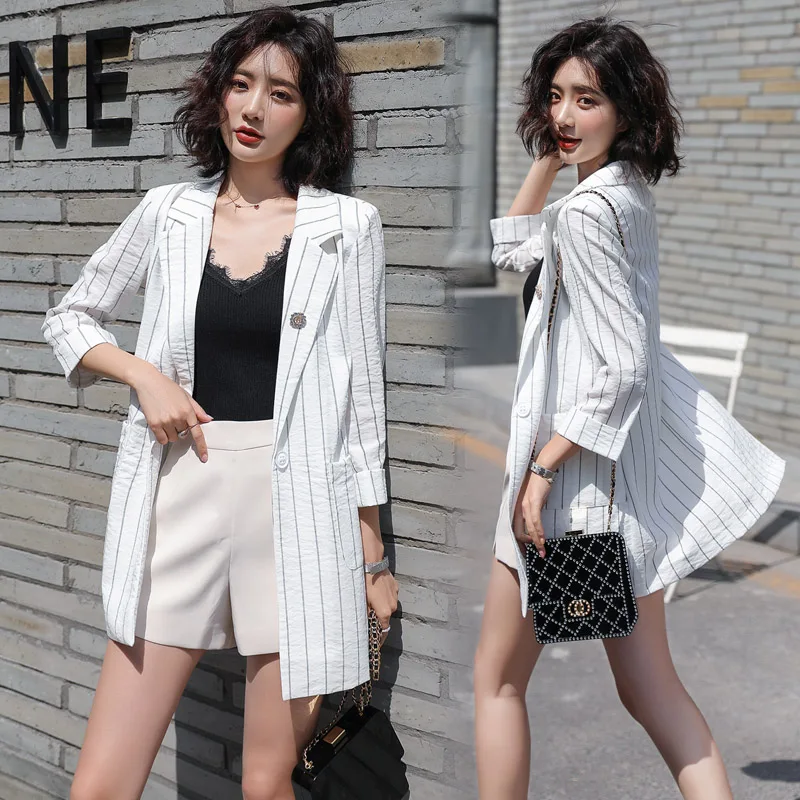 Chic Cotton Linen Seven-Quarter Sve Damen Slim Fit Gestreifter dünner Western-Sle-Mantel Pendeln Sle Button Ket