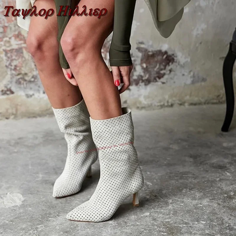 

White Breathable Pointed Toe Sandals With Mid-Heel Folds Natural Catwalk Boots For Women Knee High Summer All-Match Women'S Boot