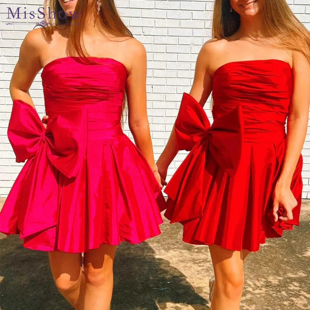 

MisShow Simple Strapless Pleated Short Homecoming Dress for Teens Sleeveless A Line Mini Prom Party Club Gowns With Bowknot