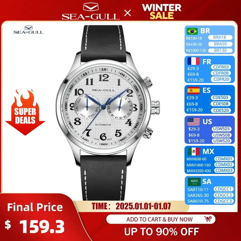 Sea-Gull Male Watches Calendar Display Sapphire 42mm Automatic Mechanical Watch Casual 50M Waterproof 2024 Hot Sale for Men 6063