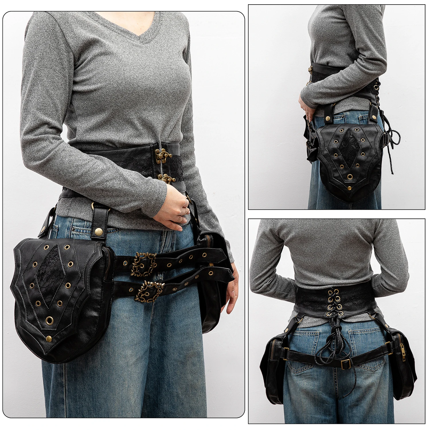 Punk Retro PU Square Waist Bag Casual Small Square Hip Packs For women's Crossbody Cross Multi-function Outdoor Leg Phone Pouch