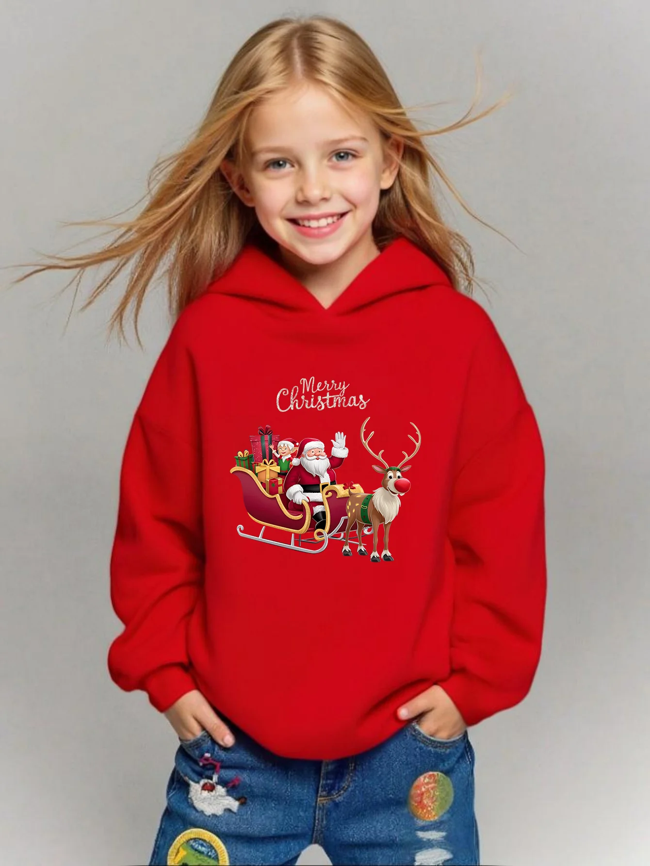 Christmas Cartoon Hoodie for Boys and Girls, Fleece-lined Warm Top, New Winter Style, Cute Santa Claus and Reindeer Hoodie