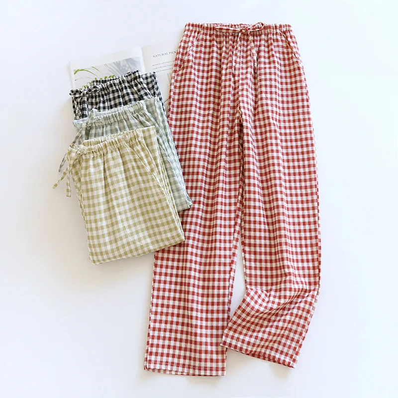 2024 New Japanese Spring/Summer Couple Sleepwear 100% Pure Cotton Gauze Men\'s and Women\'s Long Pants Thin Plaid Loose Home Pants