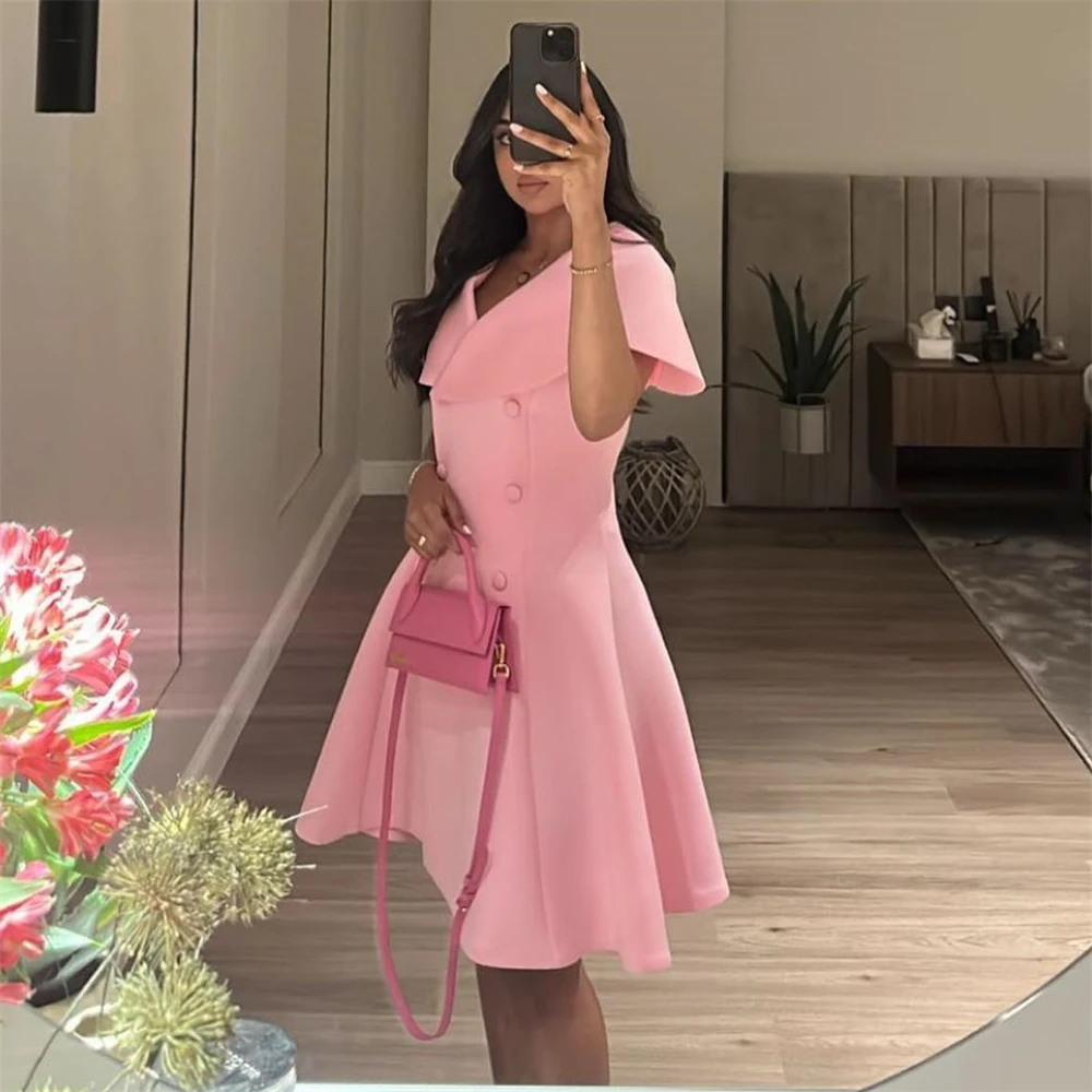 

Simple Pink V-Neck A-Line Ruffles Prom Dress Women Knee-length Evening Party Gown Formal Occasion Dresses فساتين السهرة