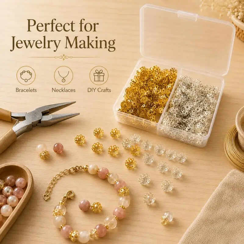 300 Stück/Box Goldene Antike Hohle Blumen-Trompetenperlen-Endkappen Filigran-Perlenkappen für DIY-Schmuckherstellung Zubehör – Detail 6