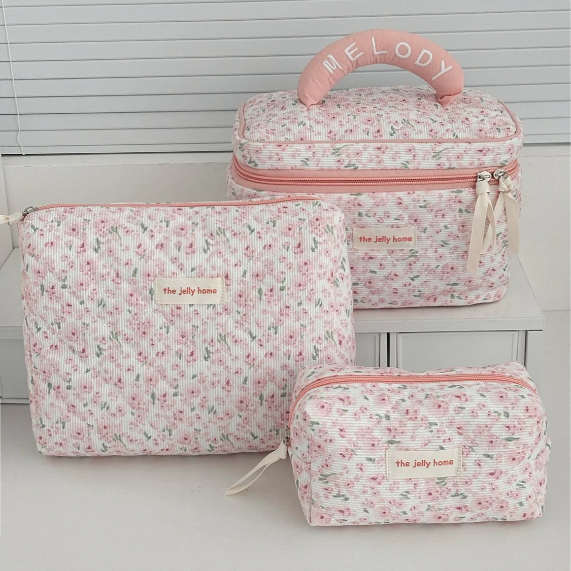Sweet and Fresh Floral Large Capacity Portable Toiletry Bag Corduroy Pink Peony Makeup Bag New Model