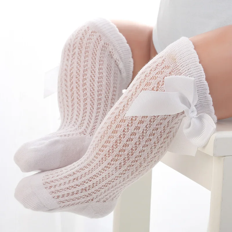 Summer Baby Girls Socks Toddlers Bow Long Sock Kids Knee High Soft Cotton Mesh Spanish Style Hollow Out Lace Stocking 0-12Months