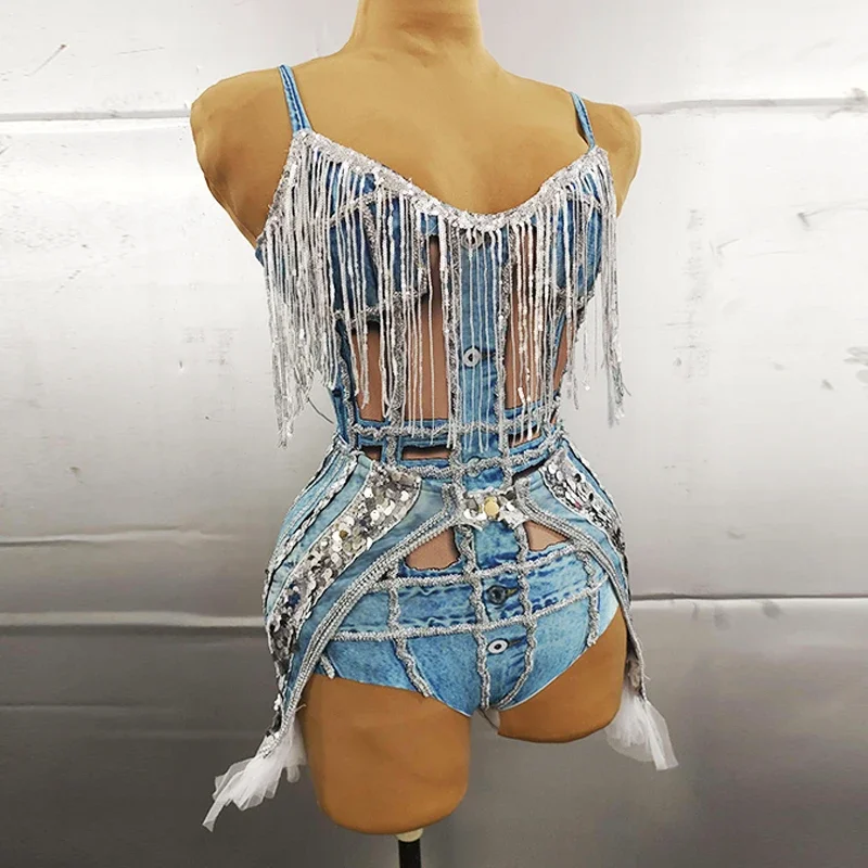 Roupa sexy boate Gogo Dancer para mulheres, lantejoulas, bodysuit borla, adulto, traje de Pole Dance, roupa Rave, roupas Dj Ds