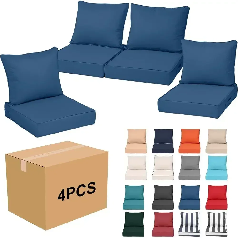 Set of 4 Blue Outdoor Deep Seat Patio Chair Cushions with Back, Hidden Zipper & Ties, Waterproof for Rattan Sofa
