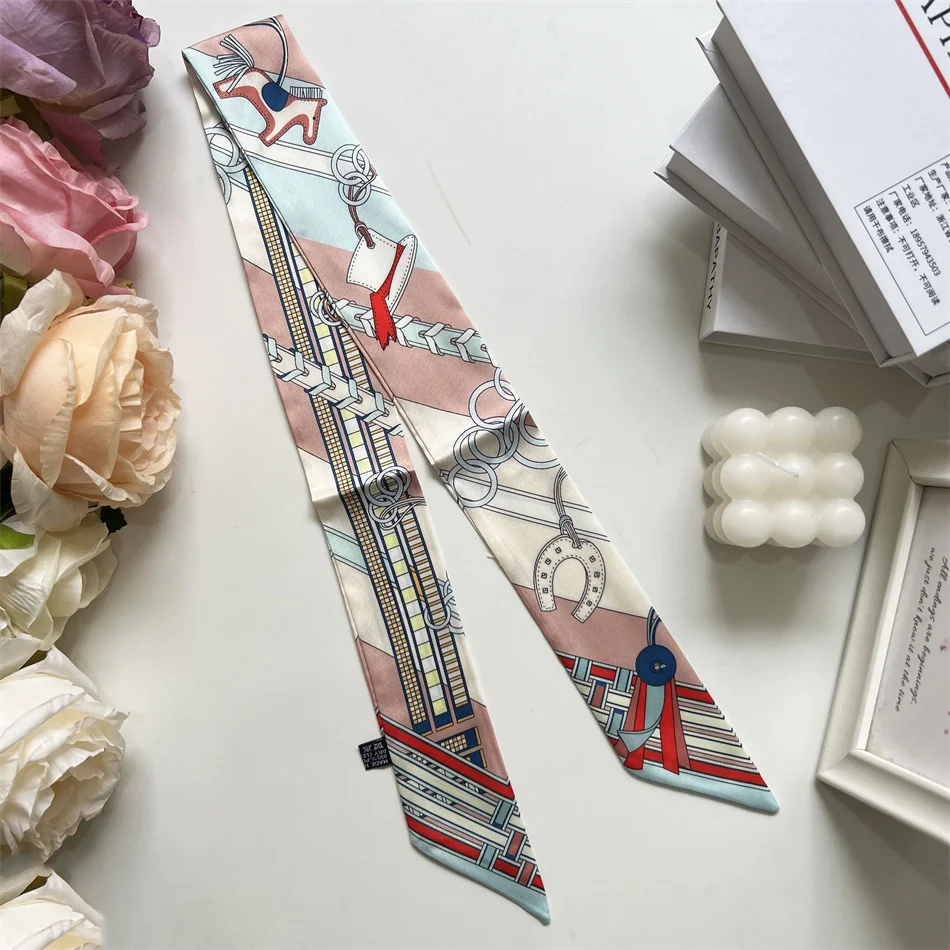 새로운 롱 스몰 실크 스카프 헤어밴드 여성용 양면 우아한 바인딩 스트랩 스트리머 스몰 스카프 선물 리본 실크 스카프