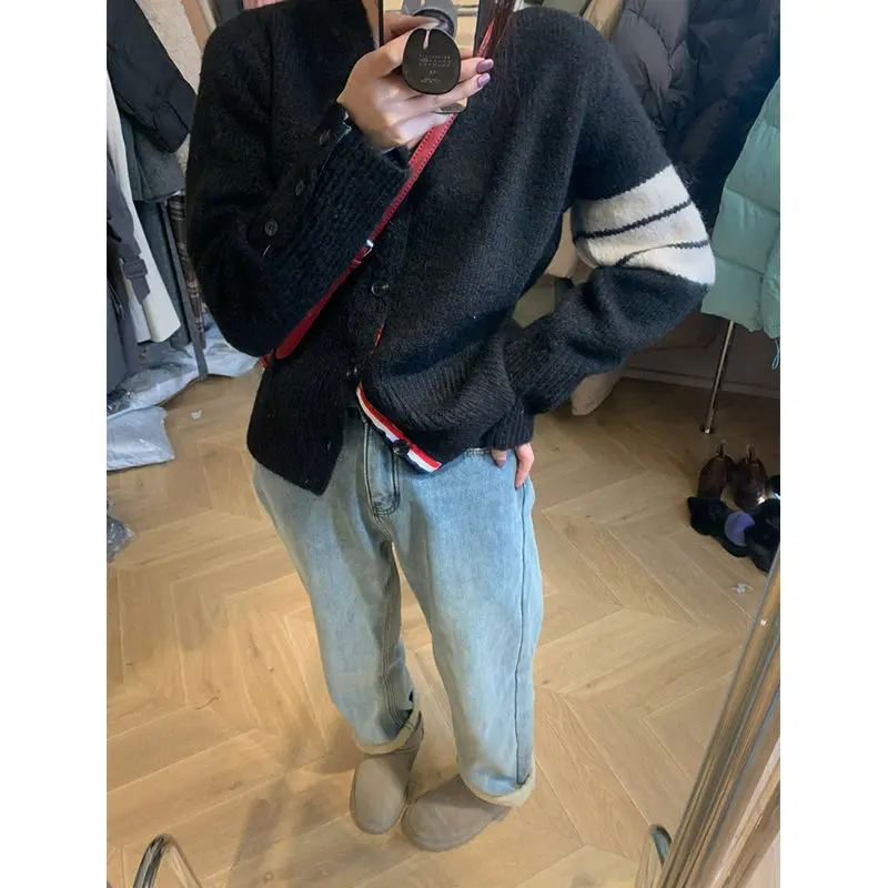 HOUZHOU Autumn Casual Vintage Knitted Cardigan V Neck Korean Fashion Patchwork Striped Button Up Black Sweater Jumper Aesthetic