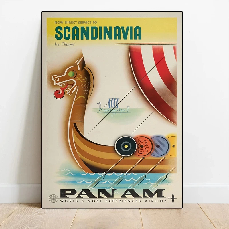 Vintage Airline Trip Travel Posters Pan Am Scandinavia Prints Canvas Printing Wall Art Picture for Living Room Home Decor Gifts