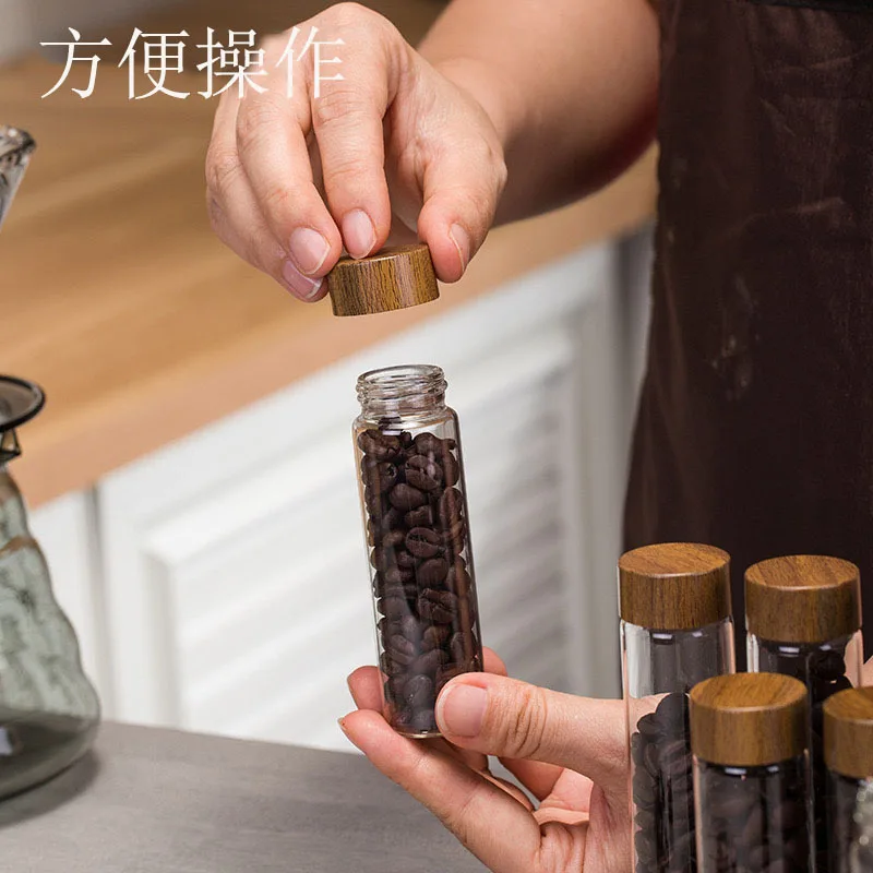 12pcs Single Dose Coffee Bean Storage Glass Tubes with Walnut Wood Stand Air-Tight Sealed Container for Coffee Beans Tea Spices