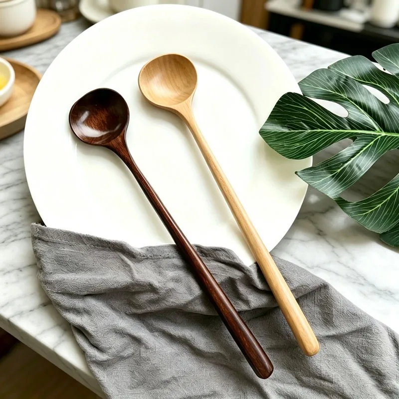 Cuchara de mango largo de madera natural para bolas de arroz glutinoso, postres, arroz con leche, té y café, utensilio de cocina de madera
