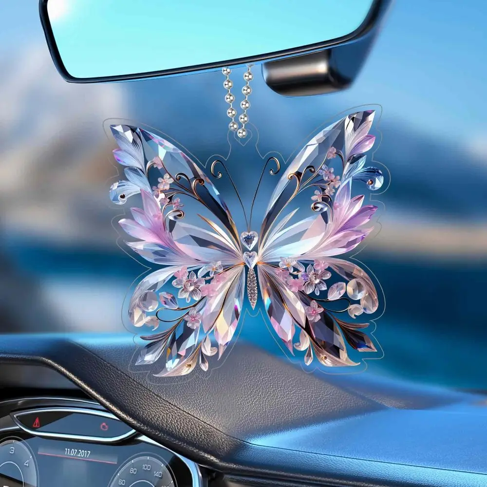 Fashion 2D Car Accessories Butterfly Shape Acrylic Rear View Mirror Charm Sparkling Purple Aesthetic