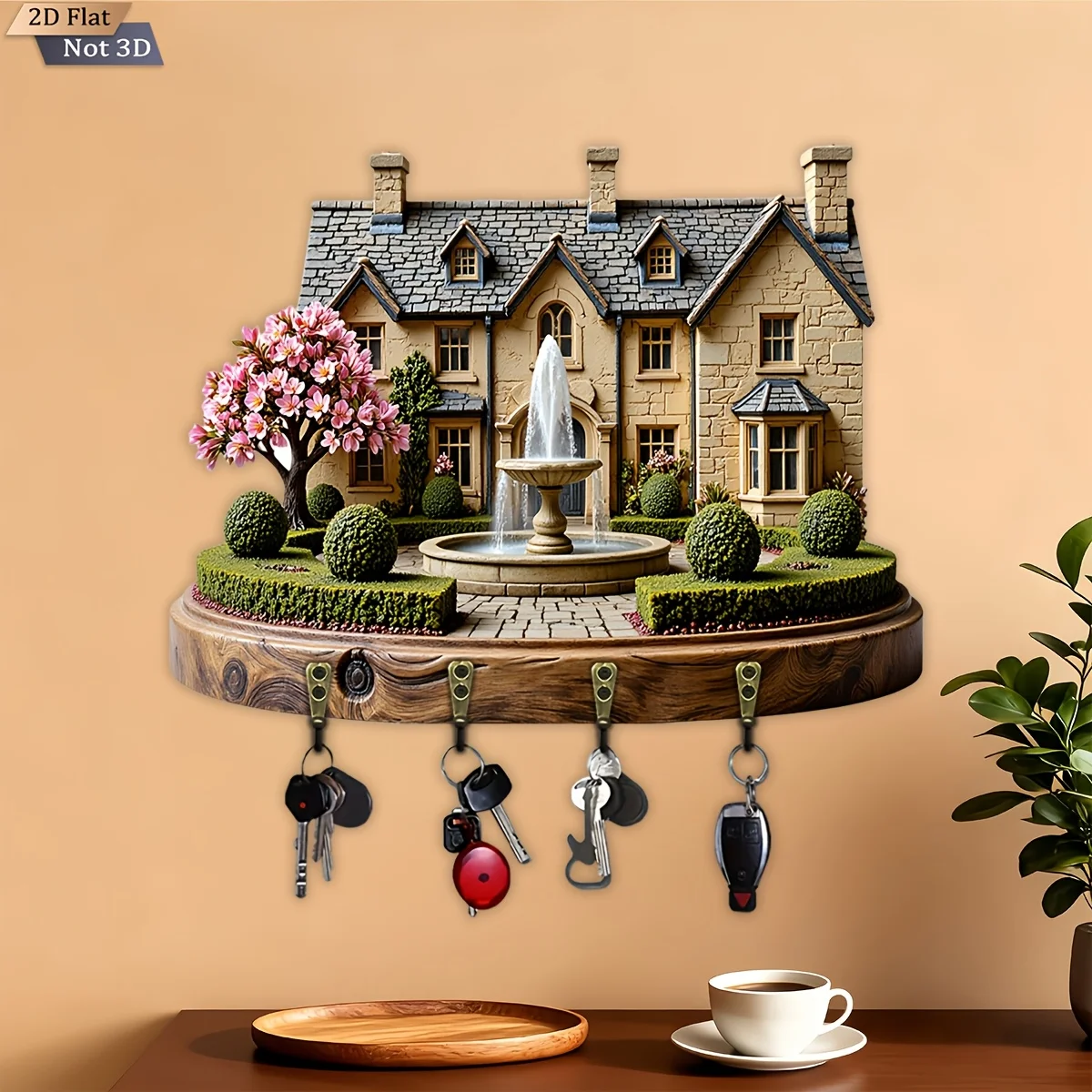2D Flat, 1pc, European Manor Theme Style Key Hook, Wooden Multi-Functional Home Key Holder with Four Metal Hooks, Wall