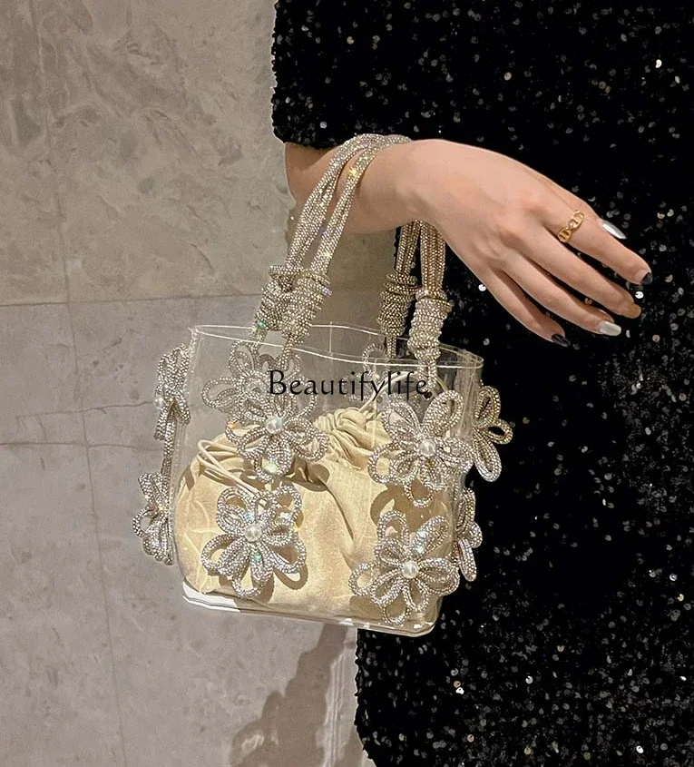 Shiny Transparent Flower Jelly Vegetable Basket Tote, Rhinestone Bucket, Underarm Handbag