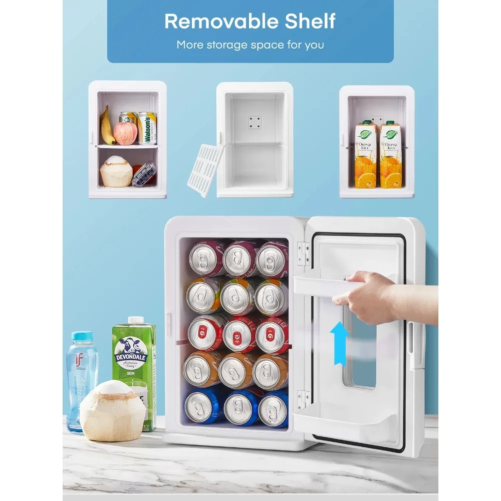 15L Mini Fridge for Bedroom, 15 Litre/21 Cans Refrigerator, Small Fridge for Office and Car, White