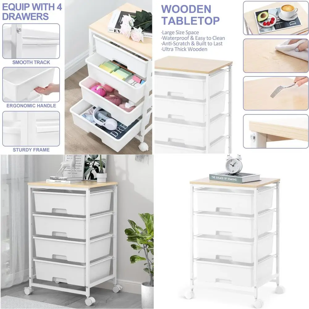 

Тележка на колесиках с 4 ящиками и запираемыми колесами, универсальный органайзер для дома и офиса ярко-белого цвета