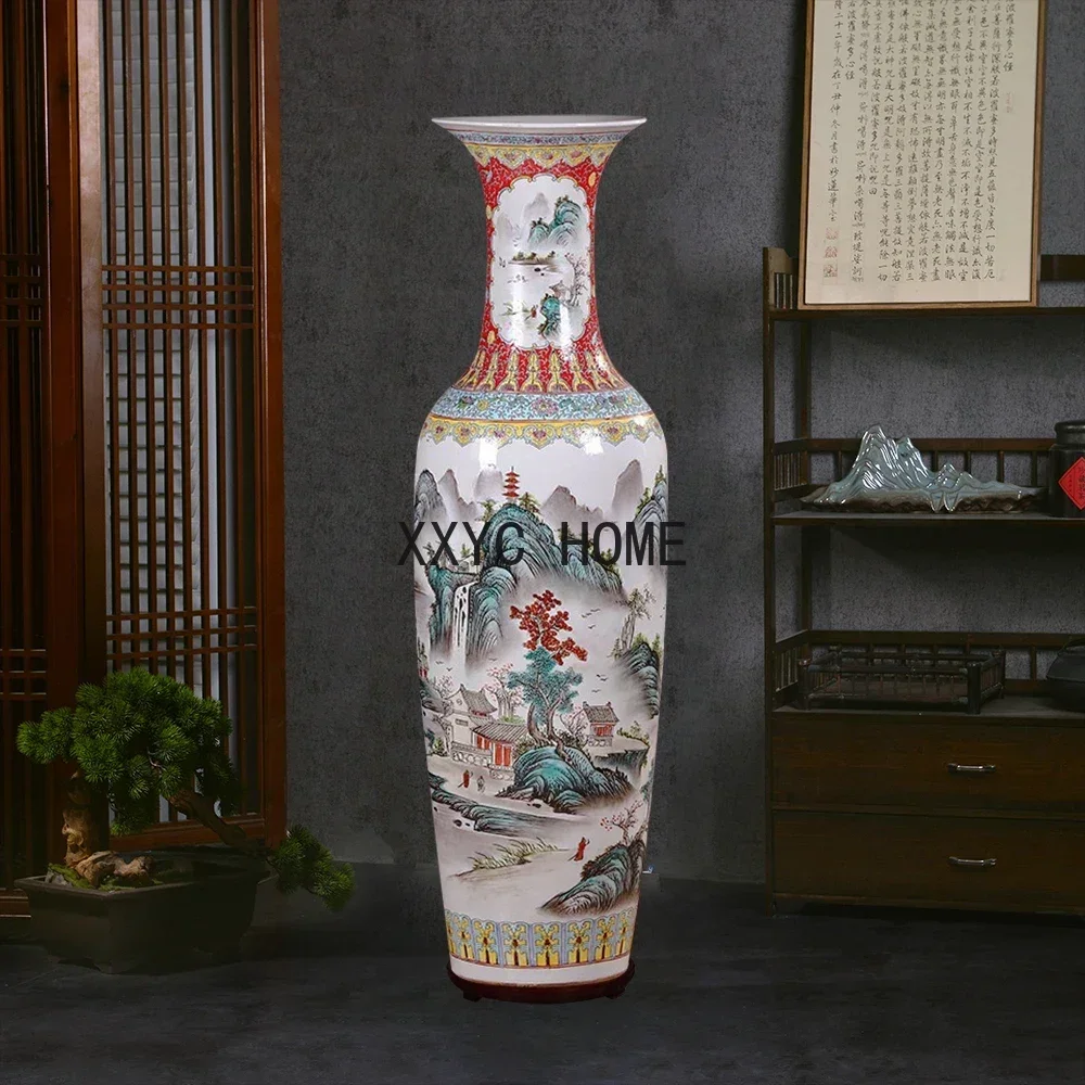 Powder Doped Color Decorated Porcelain Shanshui Floor Vase Home Living Room and Hotel Company Opening Gifts Big Decorations