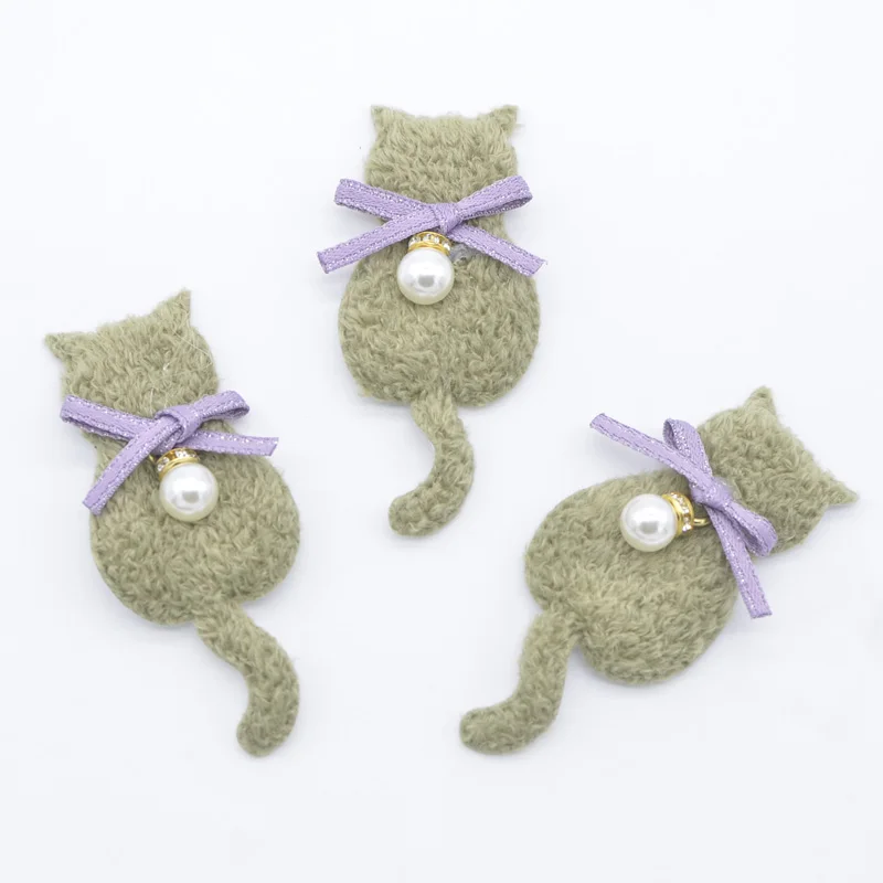 10Pcs Cute Plush Cat Padded with Pearl Pendant for Clothes Patch Fabric Sewing Craft Socks Gloves Shoes Decal Decoration