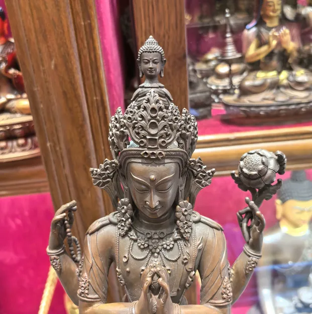 27CM Tibet Four Arms Chenrizig Kwanyin Buddha Copper Statue
