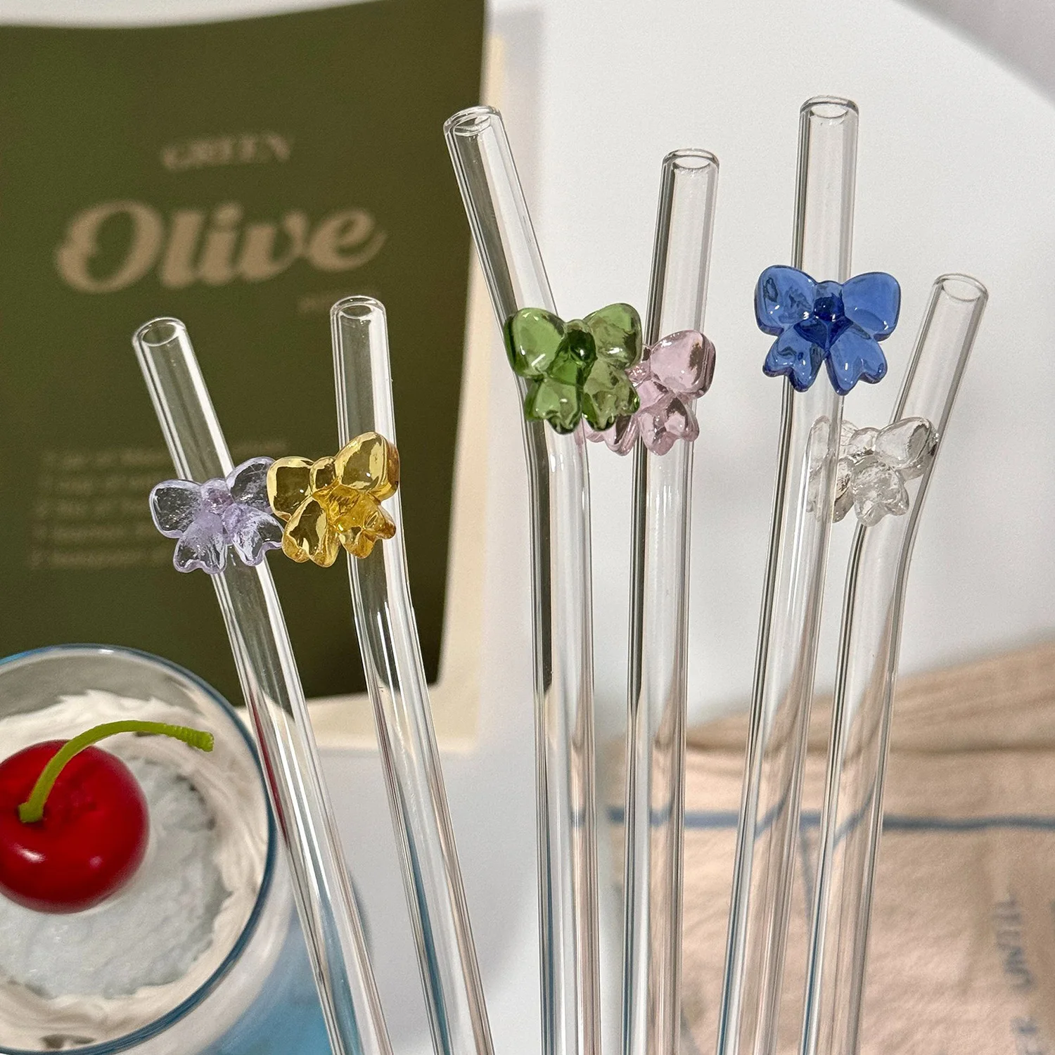 1Pc Glass Straws With Bow Decor Eco Friendly Drinking Straws Reusable For Smoothies Cocktails Bar Accessory