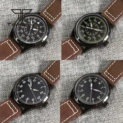 42mm Miyota 8215 ST1612 Movement Black PVD Automatic Men's Pilot Watch Black Sterile Dial Green Luminous Leather Strap