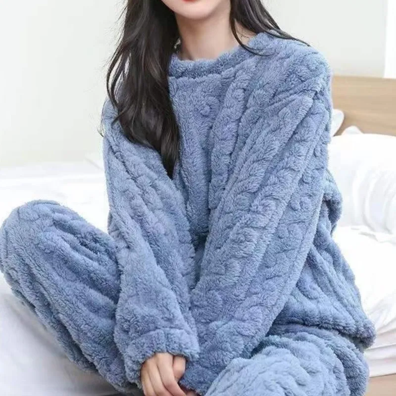 Otoño Invierno suelto dulce Casual pijamas conjunto de mujer de lana gruesa de manga larga Top hogar cintura elástica pantalones largos pantalones