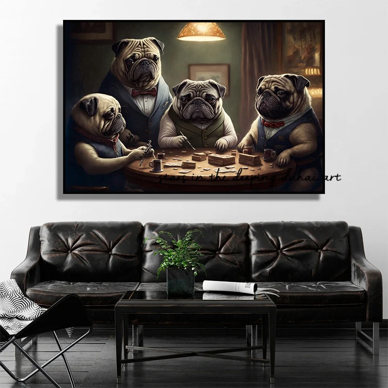 Vintage Animal Bulldogs Pugs Playing Pokers Art Poster Canvas Painting Wall Prints Picture for Living Room Home Decor Cuadros